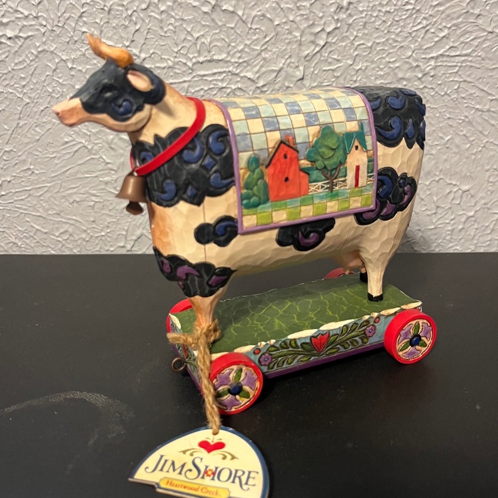 Jim Shore Heartwood Creek Bell Cow Figurine 4008182 Pull Toy 2007 Enesco 9x6